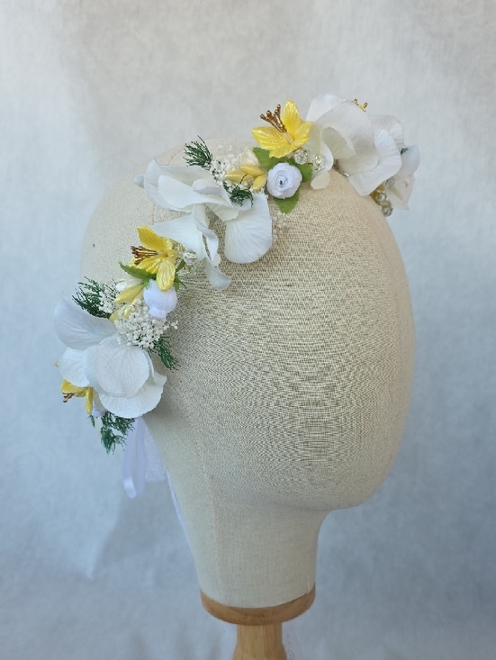Hand Crafted White and Yellow Floral Hair Crown main image 6